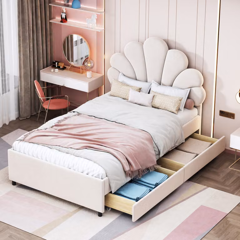 Letto imbottito Merax 90x200cm con testata a forma di fiore, letto per bambini con rete a doghe, letto per ragazzi con 2 cassetti, letto singolo in velluto, beige
