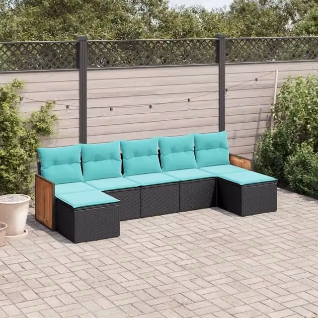 Set di divani da giardino vidaXL a forma di U composto da 7 pezzi in polyrattan nero con cuscini inclusi e coperture rimovibili