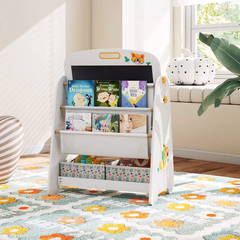 Set tavolo e sedia per bambini Costway 4 in 1 con cavalletto artistico, libreria, lavagna magnetica e lavagna nera in legno naturale color marrone