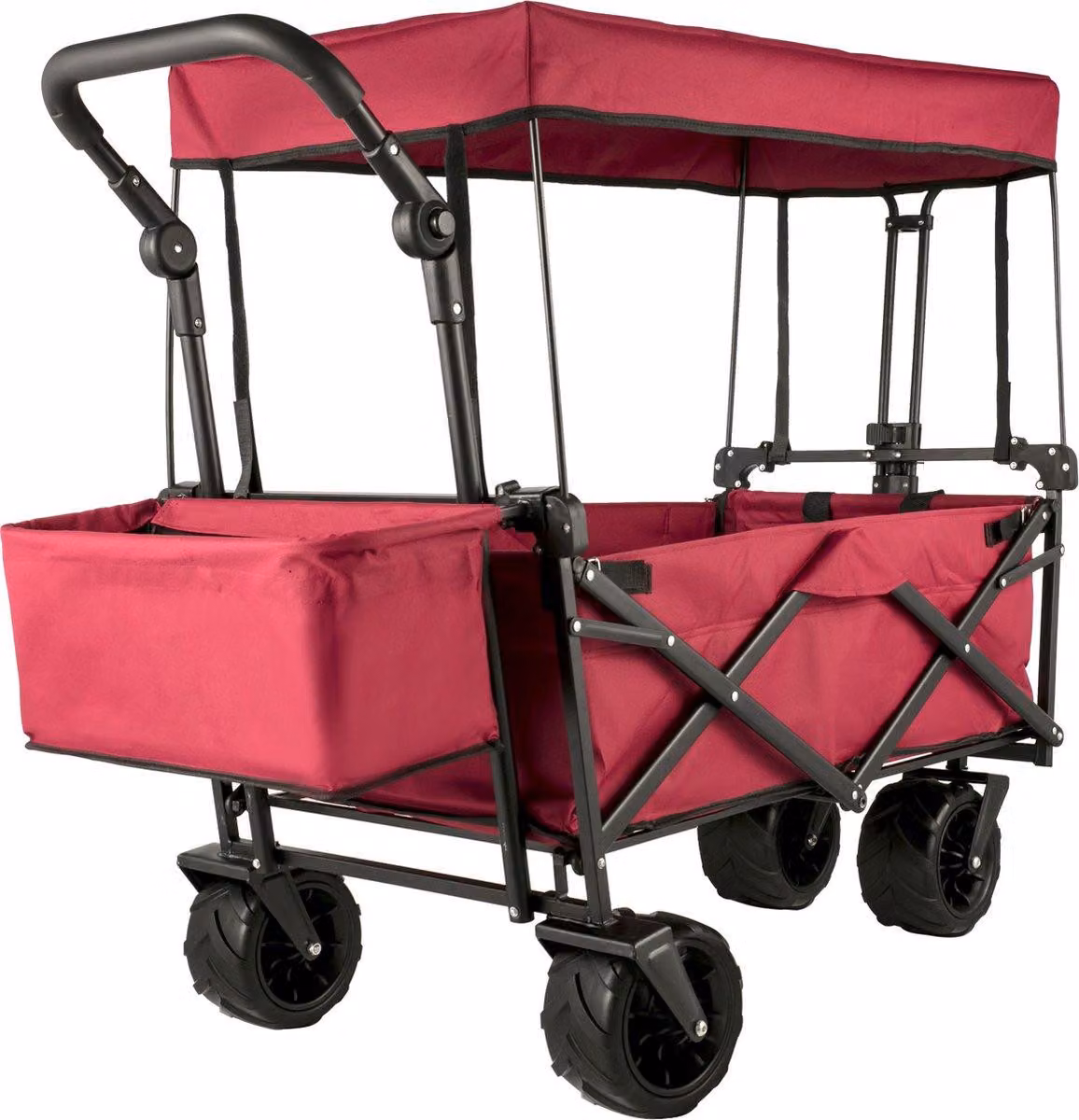 Carrello pieghevole da trasporto – Carrello con tettoia parasole – Capacità di carico: 100 kg – Ruote larghe – Colore: rosso