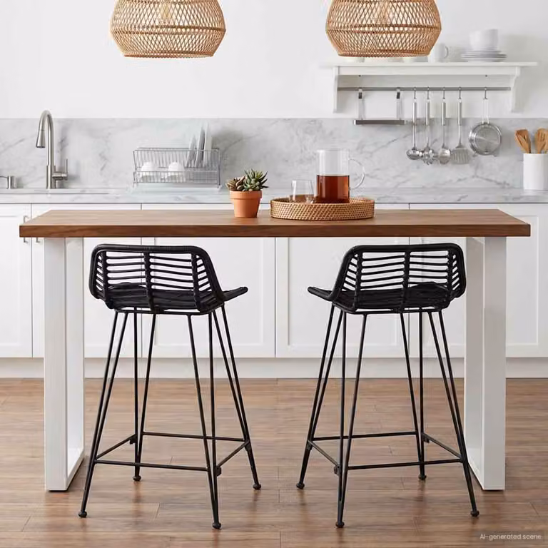 Set di 2 sgabelli da bar vidaXL in rattan e metallo nero, L 44 cm x P 45 cm x H 76 cm