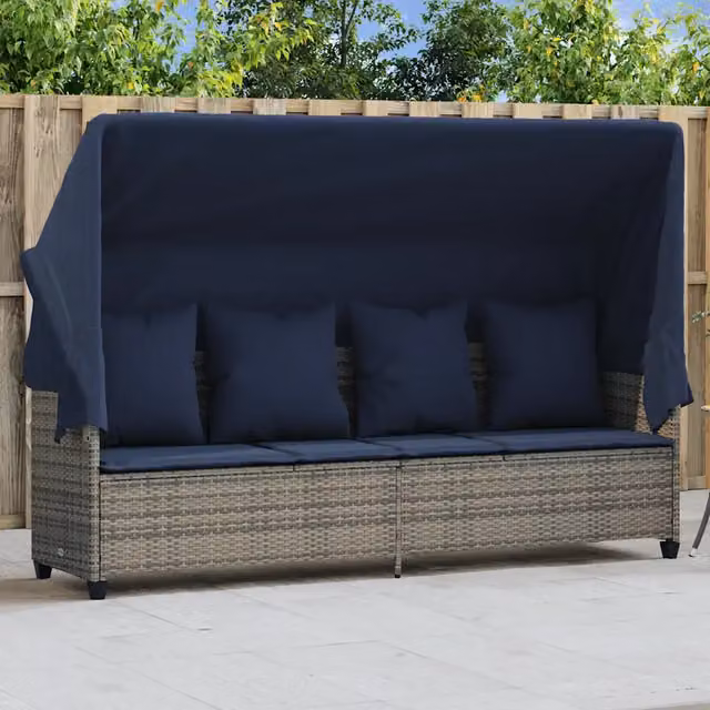 Lettino Prendisole con Baldacchino e Cuscini Grigio Polyrattan 368360