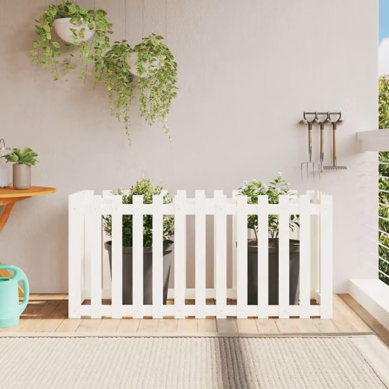 Fioriera da giardino a recinzione vidaXL in legno di pino massello, colore bianco, L 150 x P 50 x H 70 cm