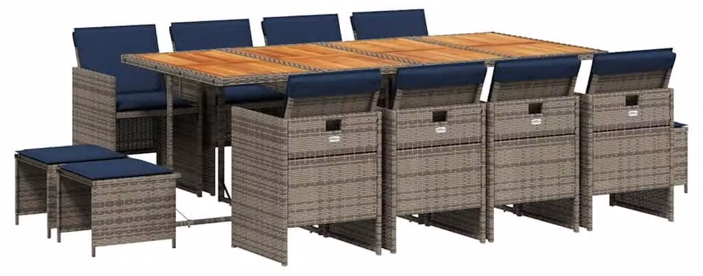 Set da giardino per 13 persone, grigio, in rattan sintetico - Sedie pieghevoli con cuscini - Tavolo in legno di acacia