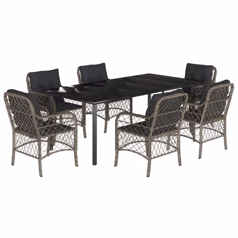 Set da Pranzo da Giardino 7 pz con Cuscini in Polyrattan Grigio