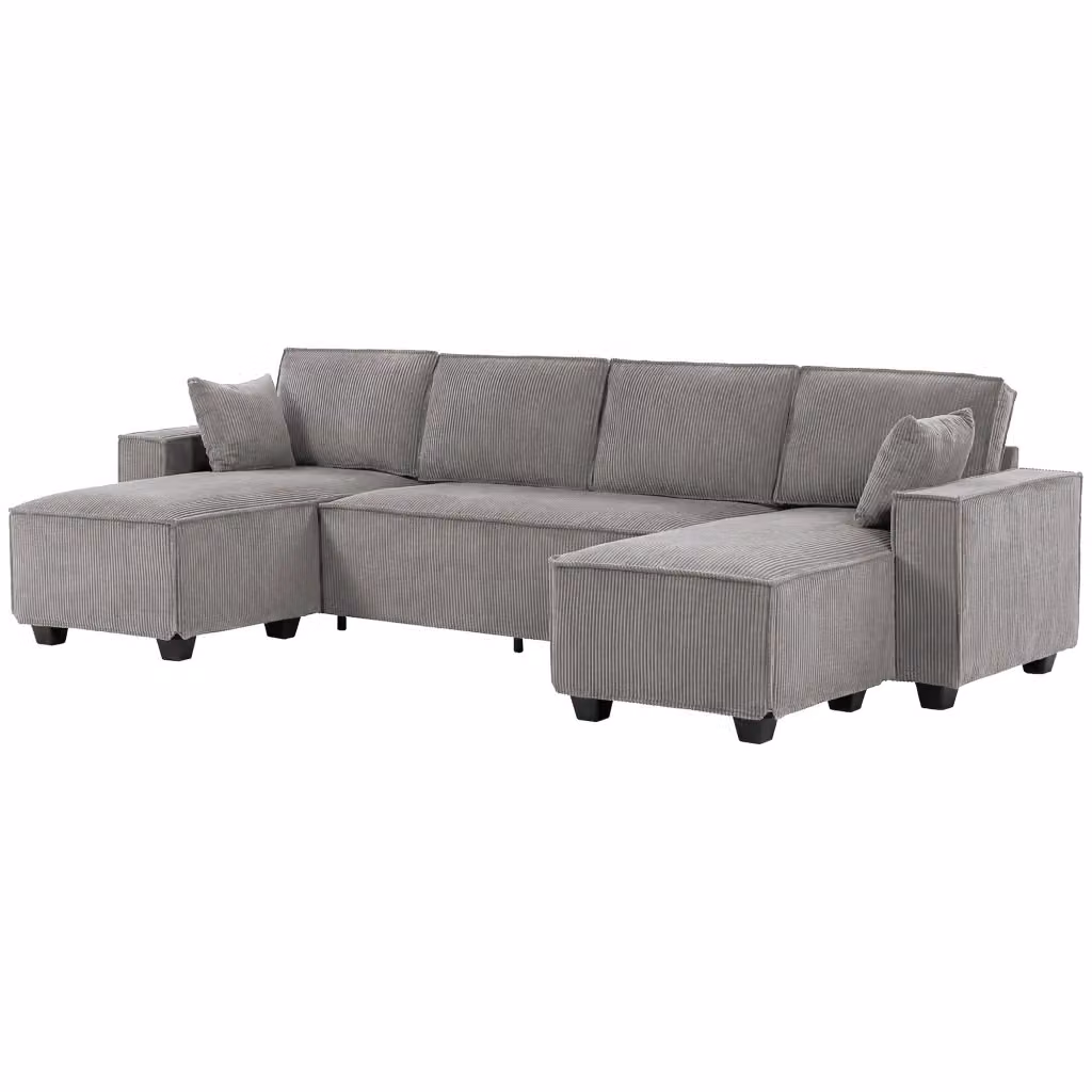 Divano angolare con chaise longue Minimal in tessuto grigio chiaro per il tuo soggiorno – 2
