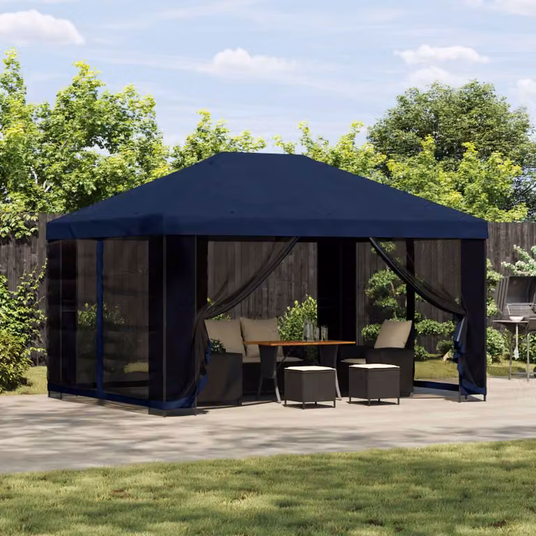 Gazebo da giardino vidaXL con pareti laterali in poliestere e struttura in acciaio galvanizzato, Blu o Nero, L 400 x P 300 x H 276,5 cm