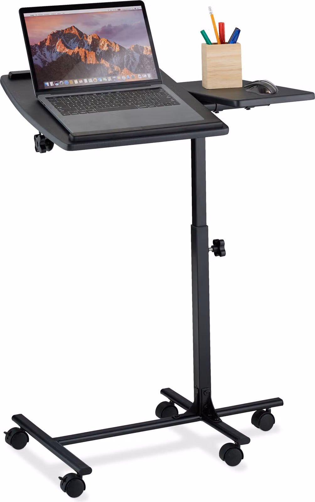 Tavolino per laptop Relaxdays, regolabile in altezza, con rotelle, piano inclinabile, tavolino per PC, A x L x P: 65–85 x 61 x 40 cm, nero