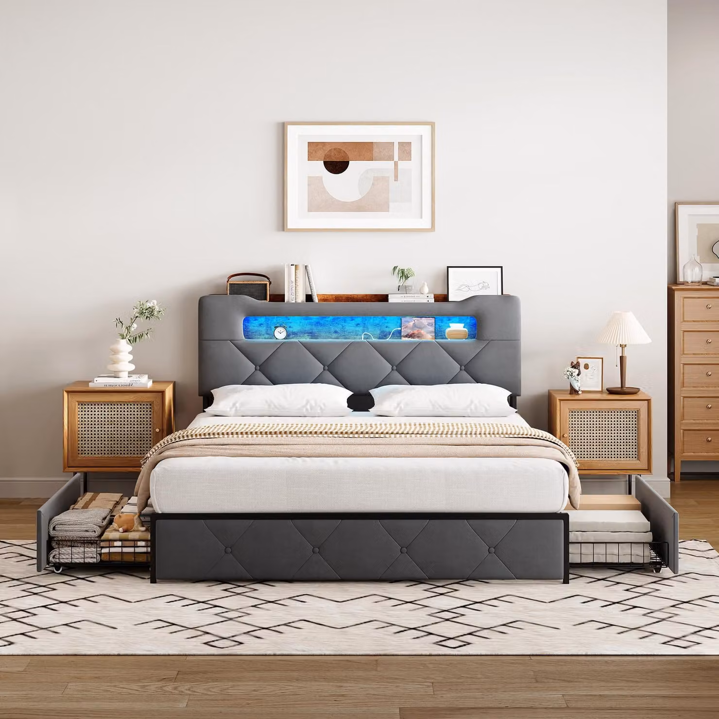 Letto a cassetti ProximaX grigio 160×200 cm - Con rivestimento in morbido tessuto, illuminazione a LED, connessione USB e 4 cassetti sotto il letto