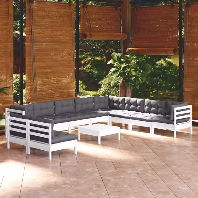 Set Divani da Giardino 11 pz con Cuscini Bianchi Legno di Pino 3096846