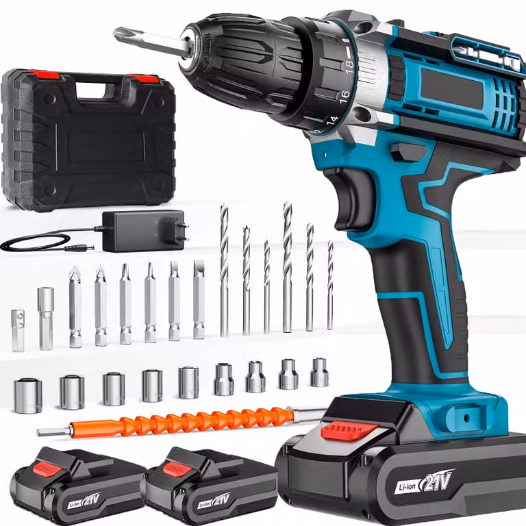 Trapano avvitatore a batteria - Trapano avvitatore a percussione - 21 V - 2 velocità - 25+3 livelli di coppia - 1800 giri/min - 2 batterie, confezione B