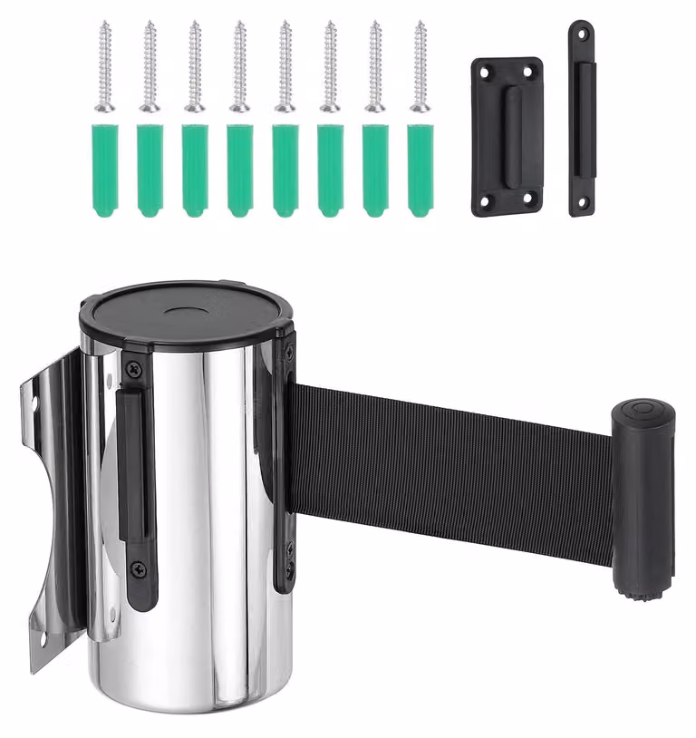 Barriera a nastro retrattile, 4 metri, acciaio inossidabile/nylon, argento/nero