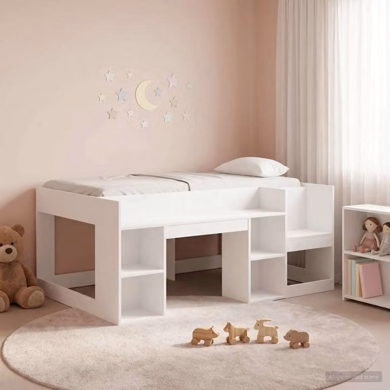 vidaXL Letto Singolo Rialzato per Bambini con Ripostiglio Laterale Bianco in Legno MDF