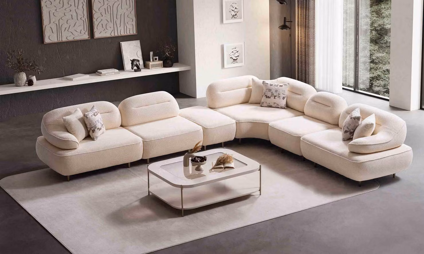 Divano ad angolo, stile moderno, colore beige, morbido, comodo, grande, per soggiorno, nuovo, in legno