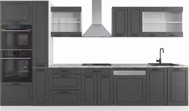 Mobile da cucina Vicco R-Line stile rustico colore antracite e bianco con armadio alto e piano in marmo L: 350 cm, P: 60 cm, H: 206,8 cm