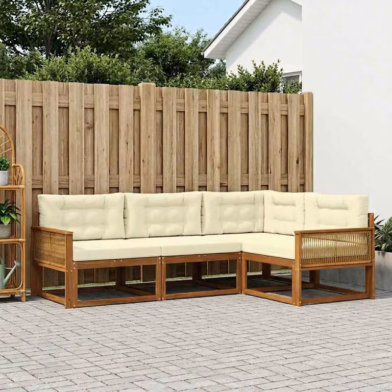 Set di divani da esterno vidaXL a forma di L in legno di acacia con cuscini, colore marrone e beige
