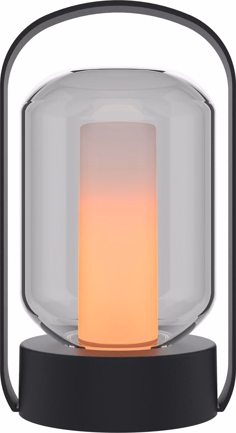 Lampada da tavolo Calex Como, design lanterna, luce a fiamma, ricaricabile, resistente agli schizzi, colore nero