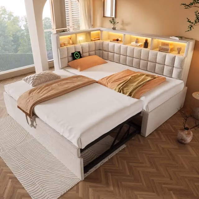 Letto divano singolo 90 × 200 cm e 90 × 190 cm con estraibile, LED, USB e Type-C, senza materasso, beige