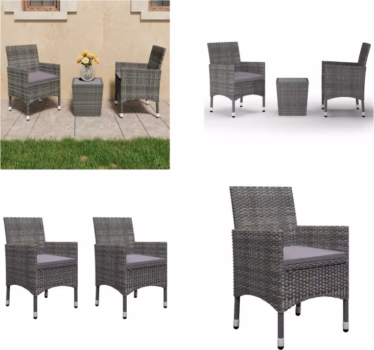 vidaXL 3 pezzi. Set da bistrot in rattan e vetro temperato grigio - Set da bistrot - Set da bistrot - Set da bistrot - Set da bistrot - Set da bistrot