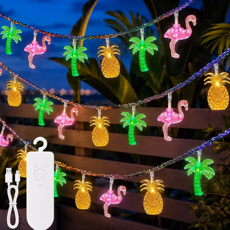Catena luminosa hawaiana, 3 metri, 20 LED, motivo tropicale: ananas, fenicotteri, palme