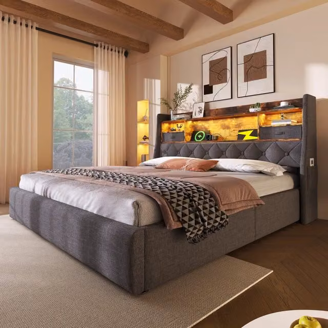 Letto matrimoniale contenitore 140 × 200 cm con rete a doghe rivestito in lino grigio LED e ricarica USB