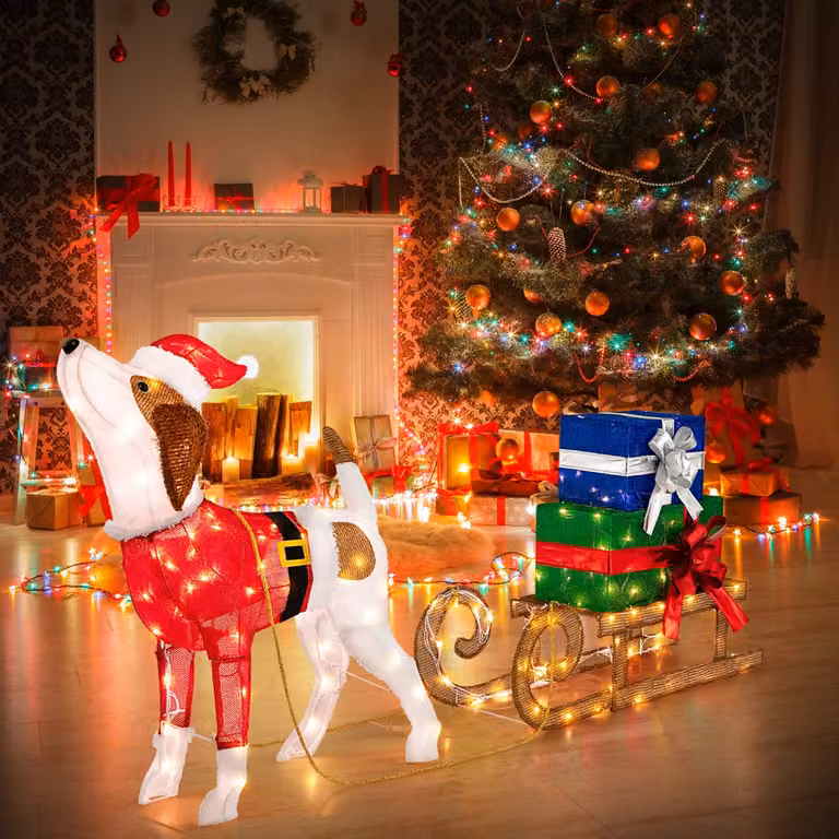 Decorazione natalizia illuminata Costway con cane in slitta e scatole regalo, luci LED multicolore, L: 78 cm, P: 21 cm, H: 82 cm