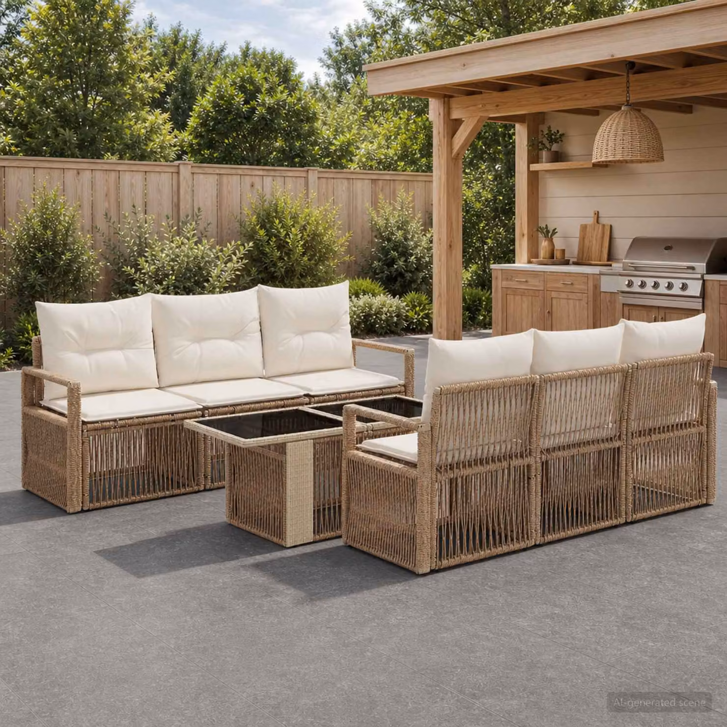 Set Divano da Giardino vidaXL 7 pz in Polyrattan con Cuscini Beige e Bianco Crema