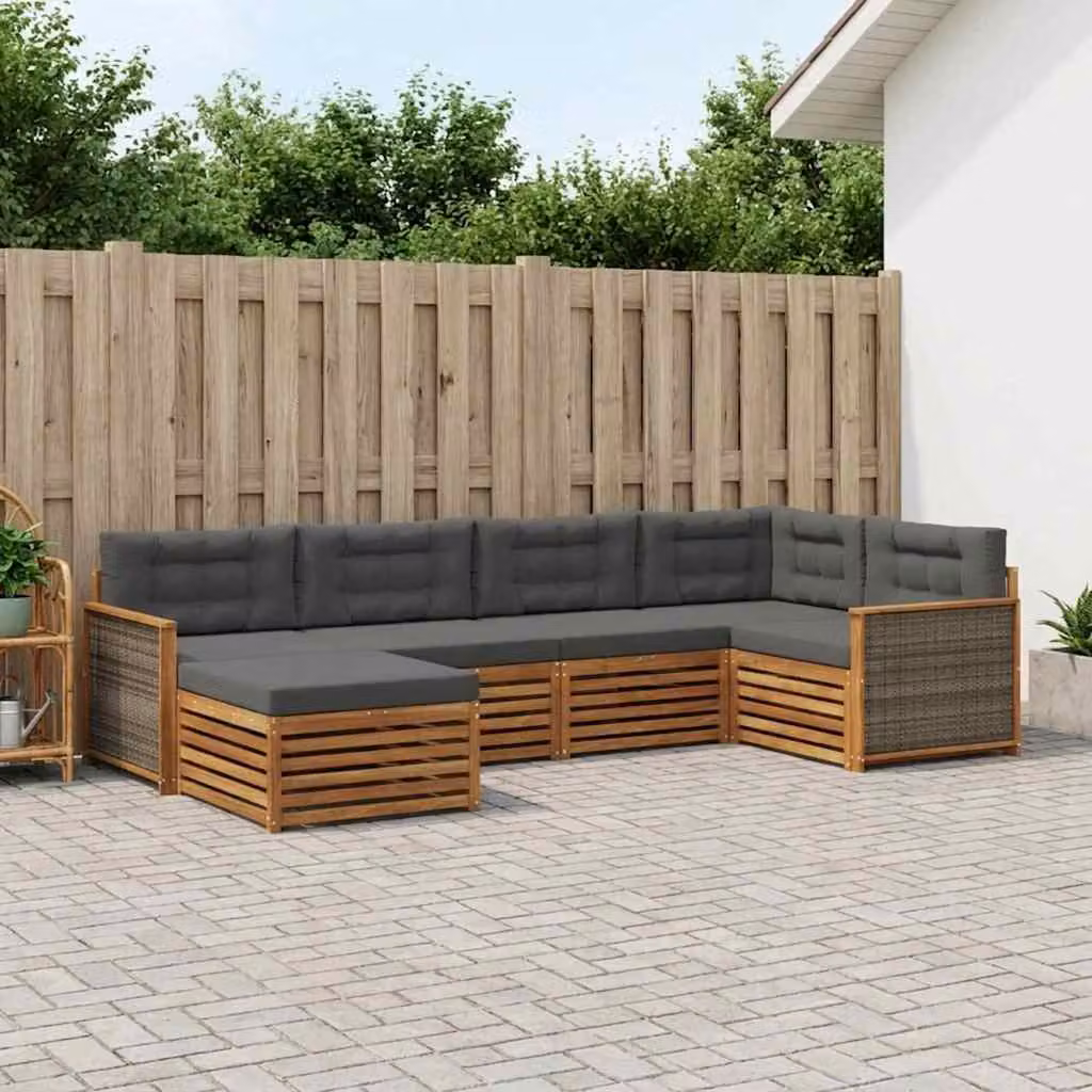 Set di divani da esterno vidaXL a forma di L composto da 6 pezzi in legno di acacia con cuscini in tessuto beige e antracite