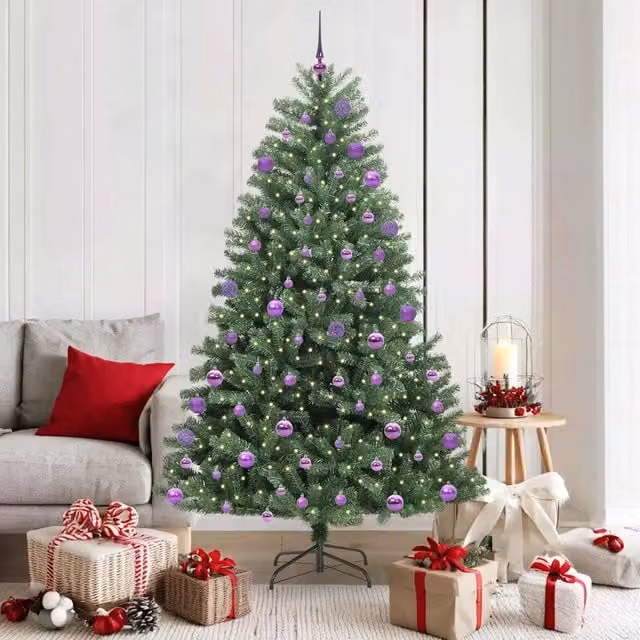 Albero di Natale Artificiale Moderno vidaXL Verde con Luci LED Bianco Caldo e Rami Pieghevoli in PVC e Metallo