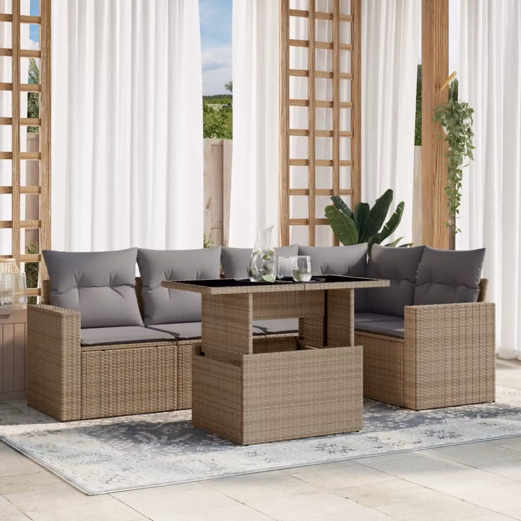 vidaXL Set Divano da Giardino 6 pz a L con Cuscini Beige e Tavolino, Struttura in Metallo e Polyrattan per Terrazza e Giardino – 1
