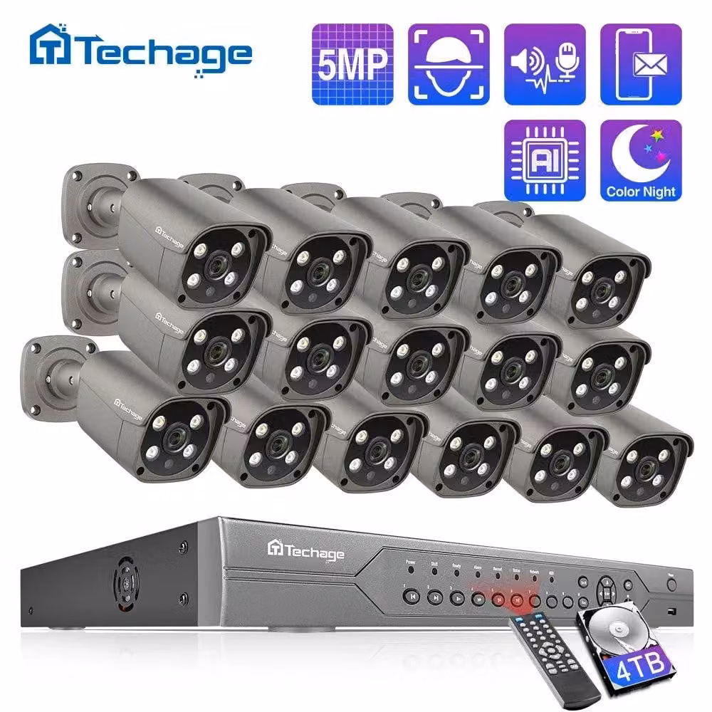 Kit di telecamere di videosorveglianza CCTV con 16 canali, risoluzione 5MP, rilevamento umano tramite intelligenza artificiale e audio bidirezionale