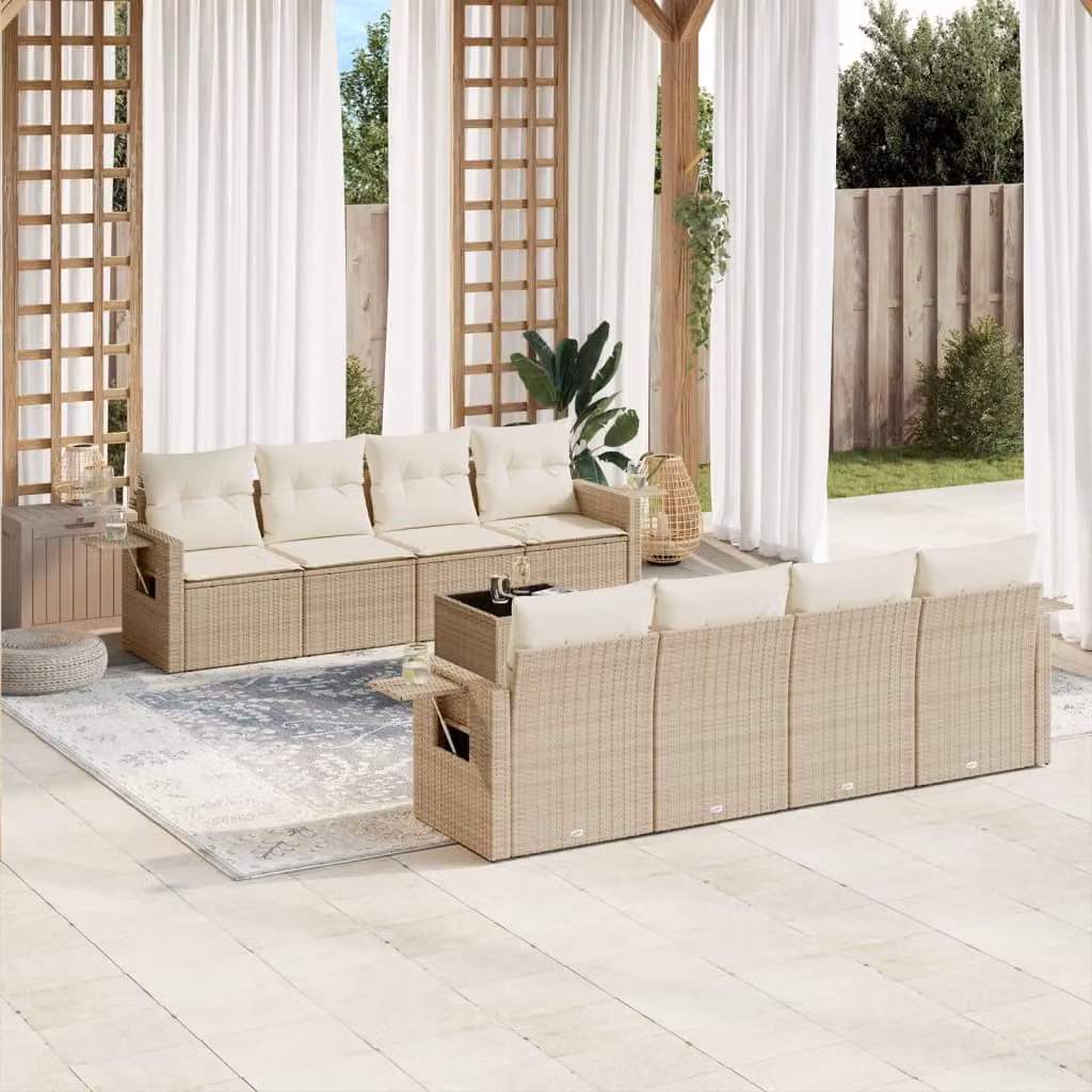 vidaXL Set Divano da Giardino 9 pz in Polyrattan con Cuscini Beige e Tavolino da Caffè – 1
