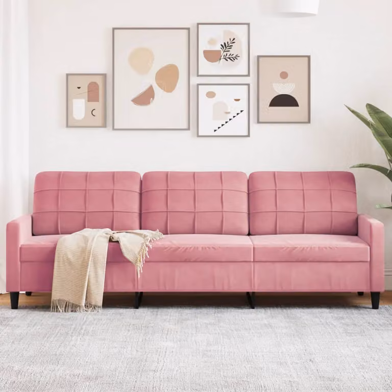 Divano a 3 posti moderno vidaXL in velluto rosa con struttura in metallo e legno L: 226 cm, P: 80 cm, H: 77 cm