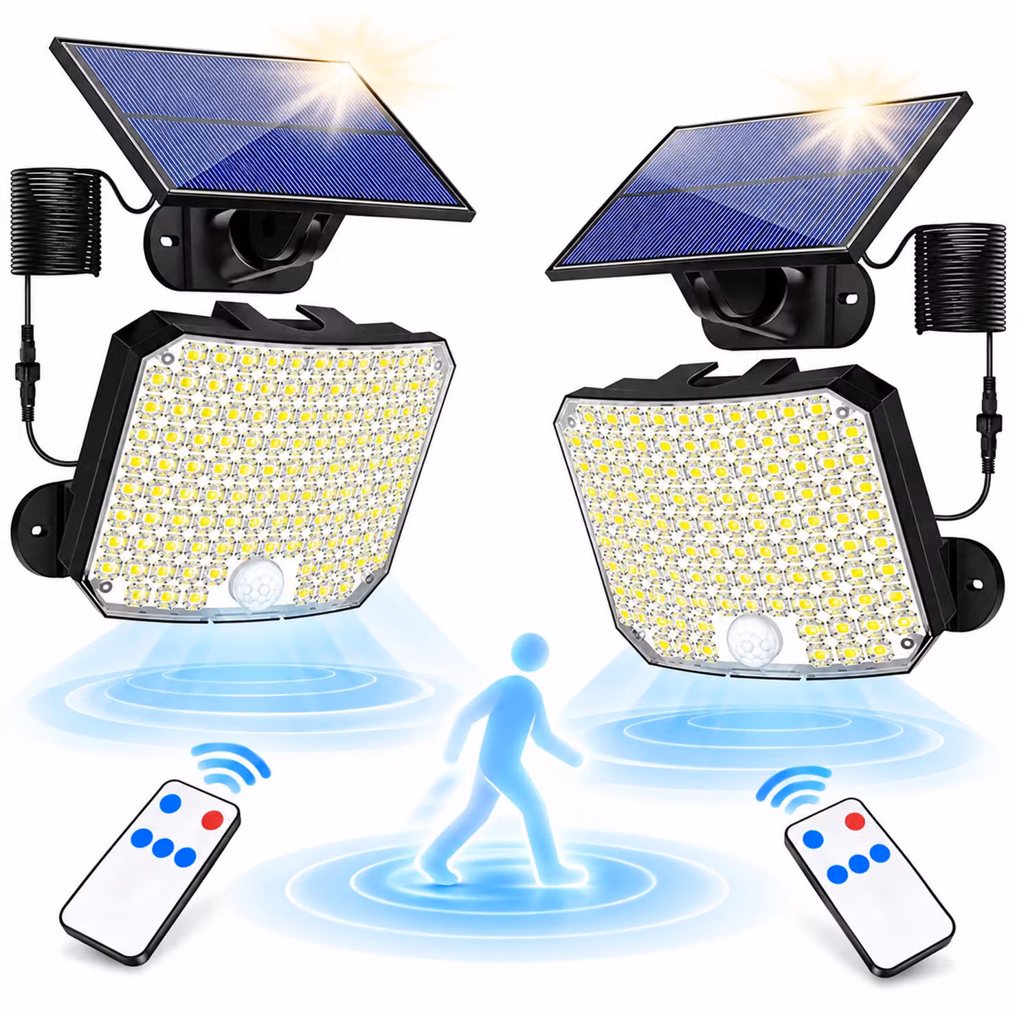 2x 118 LED faretti solari con sensore di movimento Telecomando Lampada solare da esterno Proiettore con cavo da 5 m Bianco freddo Per esterni Lampada da parete Lampade da giardino
