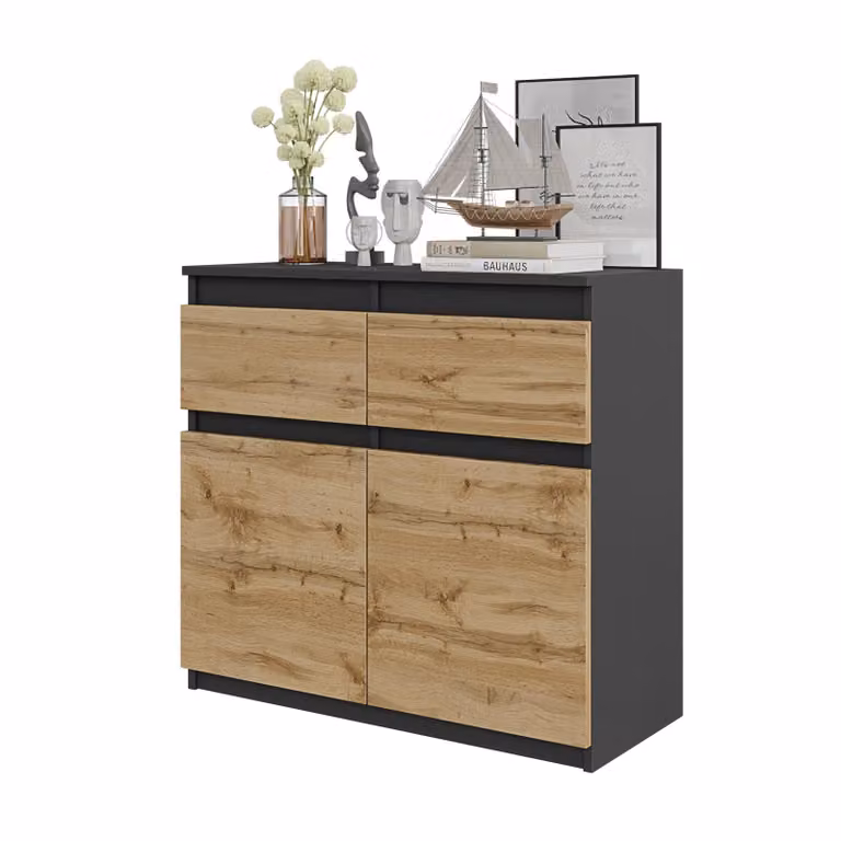 Cassettiera Noah – Antracite / Rovere Wotan, 2 cassetti, 2 ante, 2 ripiani, 80 cm – Credenza per il soggiorno