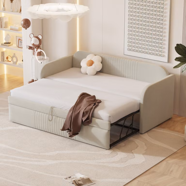 Merax day bed 90x190cm/180x190cm letto estraibile, divano letto allungabile con rete a doghe e braccioli, letto imbottito in lino letto per bambini divano letto, beige