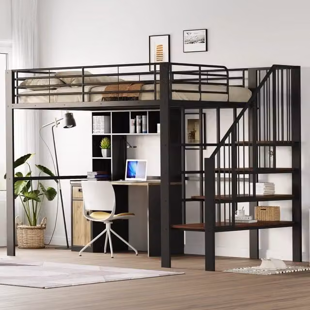Letto a soppalco matrimoniale OKWISH in metallo e MDF nero con scala e spazio sottostante L/P/H: 200 x 140 x 251,5 cm