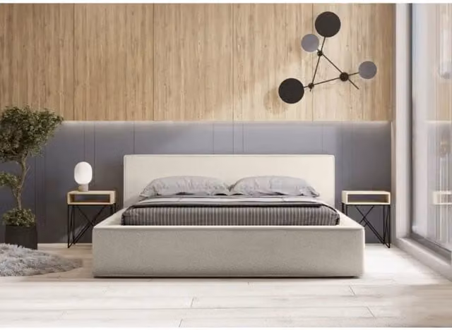 Letto contenitore VELORA Meublorama color sabbia in tessuto bouclé con rete sollevabile L/P/H: 140 x 200 x 86 cm – 1