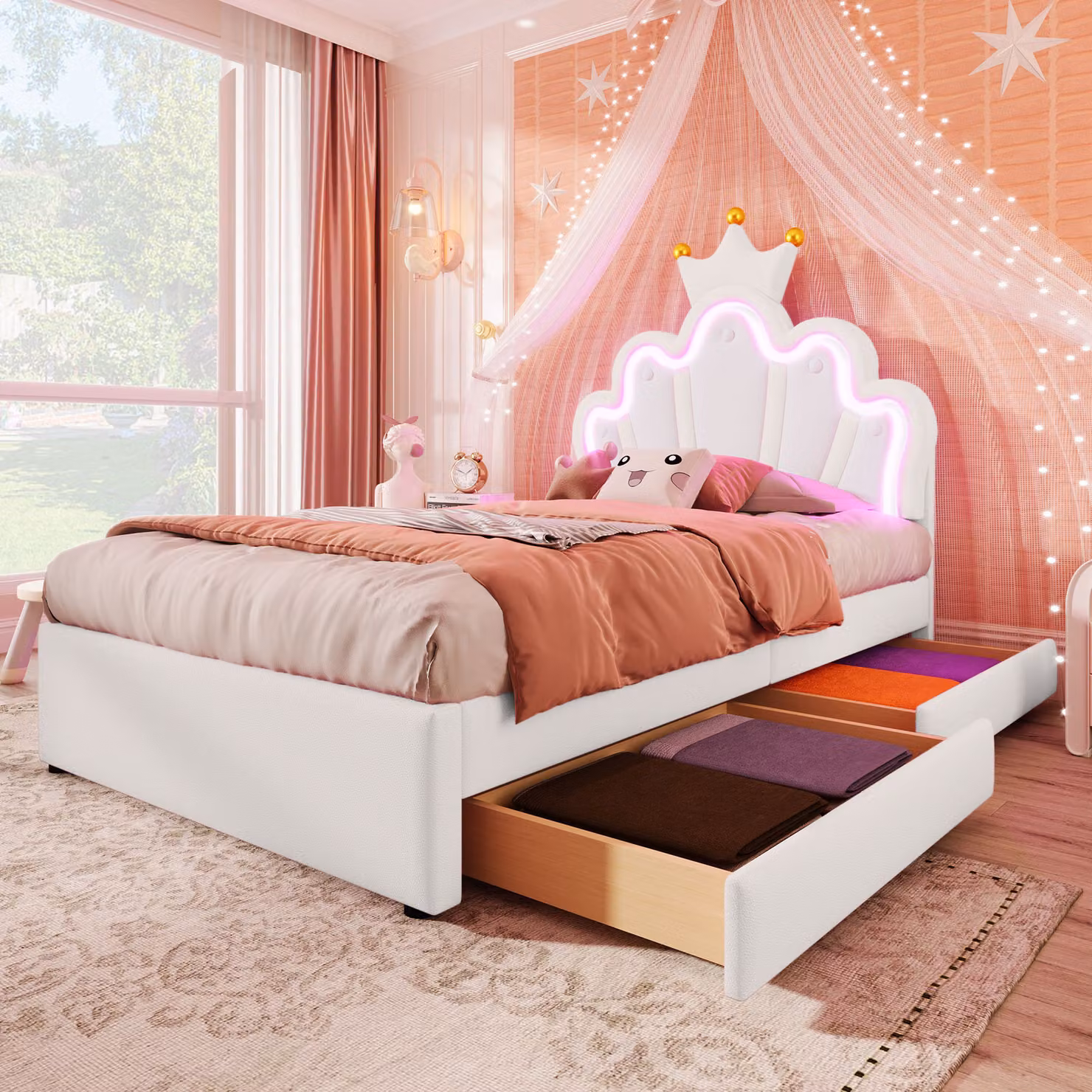 Letto imbottito Flieks 90x200cm con 2 cassetti, letto per bambini letto per ragazzi con testata regolabile a forma di , letto singolo letto in legno con LED, PU, bianco