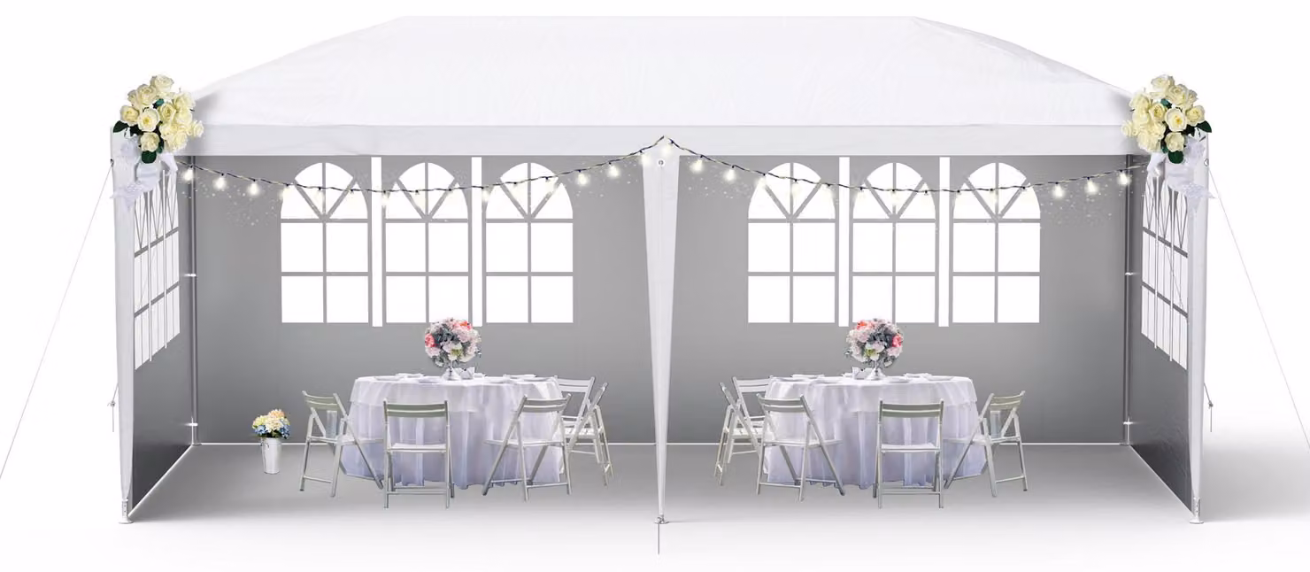 QEENTOE, gazebo da giardino 3x6 metri, bianco, tenda in polietilene impermeabile con 6 pareti laterali, porta con cerniera, tenda per eventi in giardino