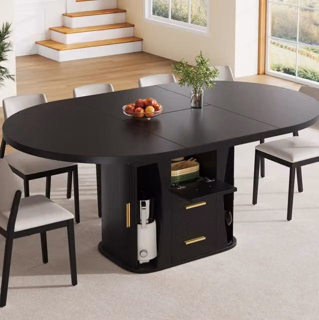 Tavolo allungabile ULEVR 118-158x118x77 cm con piano estensibile e vano contenitore, MDF nero