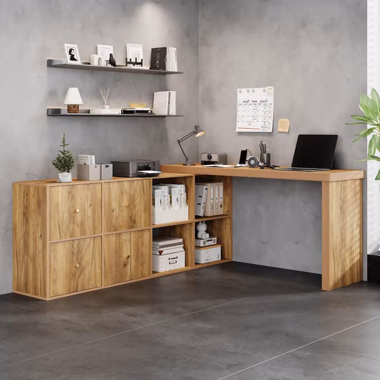 Scrivania angolare Merax, scrivania a forma di L, girevole a 360°, scrivania per computer con 4 scomparti, 4 cassetti, scrivania da ufficio, scrivania da lavoro, colore naturale
