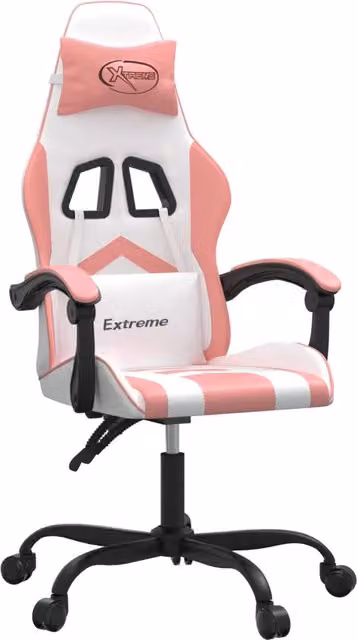 Sedia da Gaming Bianco e Rosa in Similpelle con Poggiatesta e Ruote, Regolabile e Girevole a 360 Gradi – 1