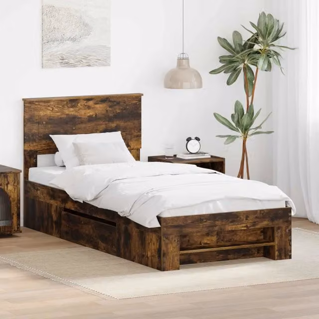 Struttura del letto con testiera vidaXL in legno Rovere fumé, L 90 cm x P 200 cm – 1