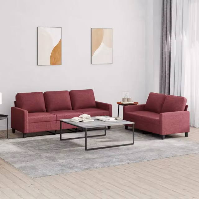 Set di Divani 2 pz con Cuscini Rosso Vino in Tessuto 3201466