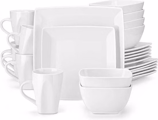 Set di piatti e bicchieri quadrati per 6 persone - 24 pezzi di servizio da tavola in ceramica - Piatti da pranzo 25 cm - Piatti da dessert 20 cm - Ciotole da colazione 810 ml - Tazze 340 ml - Bianco