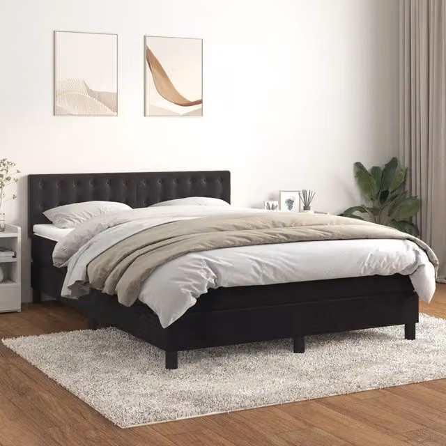 Letto Ibrido vidaXL con Giroletto a Molle e Materasso in Velluto Nero, L/P/H: 140 x 200 x 88 cm