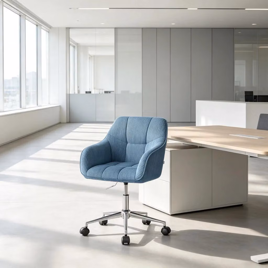 Sedia da Ufficio Ergonomica Girevole in Velluto a Coste Blu con Braccioli e Base in Metallo – 2