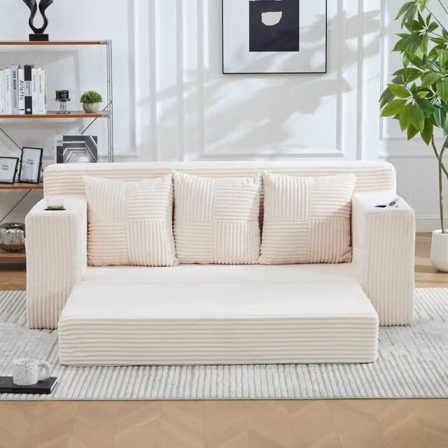 Divano modulare a tre posti 172 x 87 x 64 cm con portabicchieri e tasche laterali; velluto a coste beige