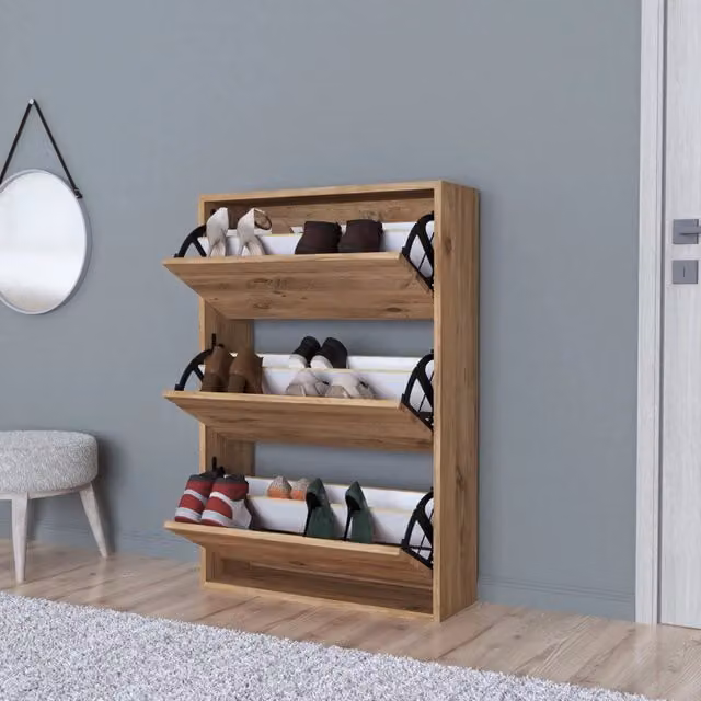 Scarpiera Salvaspazio Slim en.casa con 3 Contenitori Ribaltabili per Ingresso, Capienza 18 Paia, Effetto Rovere, L 110 x H 73,5 x P 24 cm